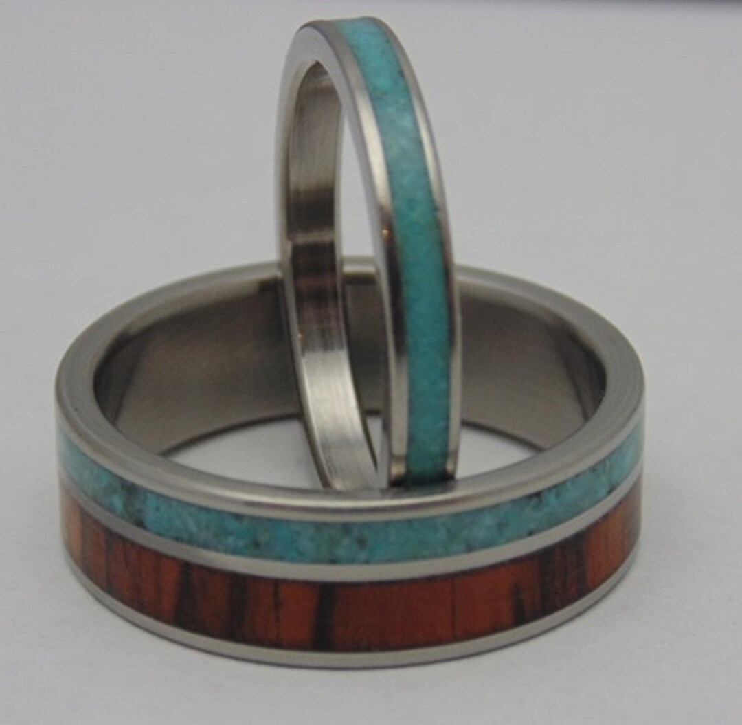 Turquoise Wedding Ring Set His and Hers Turquoise Wedding Bands Wood Wedding Rings Rustic