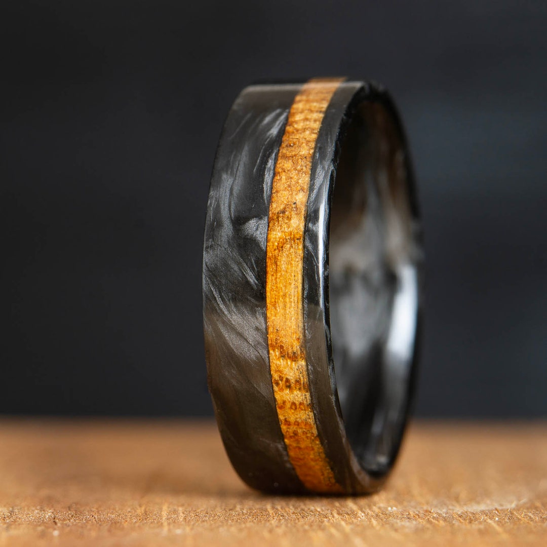 Carbon Fiber Ring With Whiskey Barrel Wood Black Wedding Band Etsy