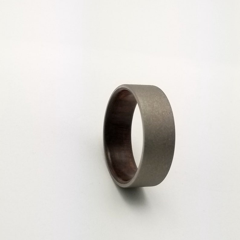 sandblasted titanium ring Titanium wedding band with upcycled Black Walnut wood from antique Victorian era table legs walnut wood ring