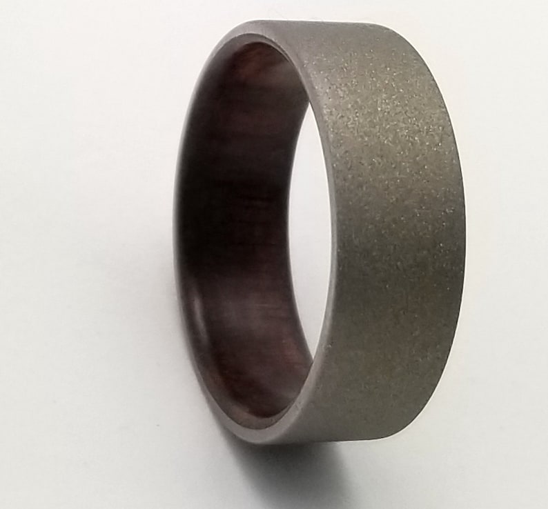 sandblasted titanium ring Titanium wedding band with upcycled Black Walnut wood from antique Victorian era table legs walnut wood ring