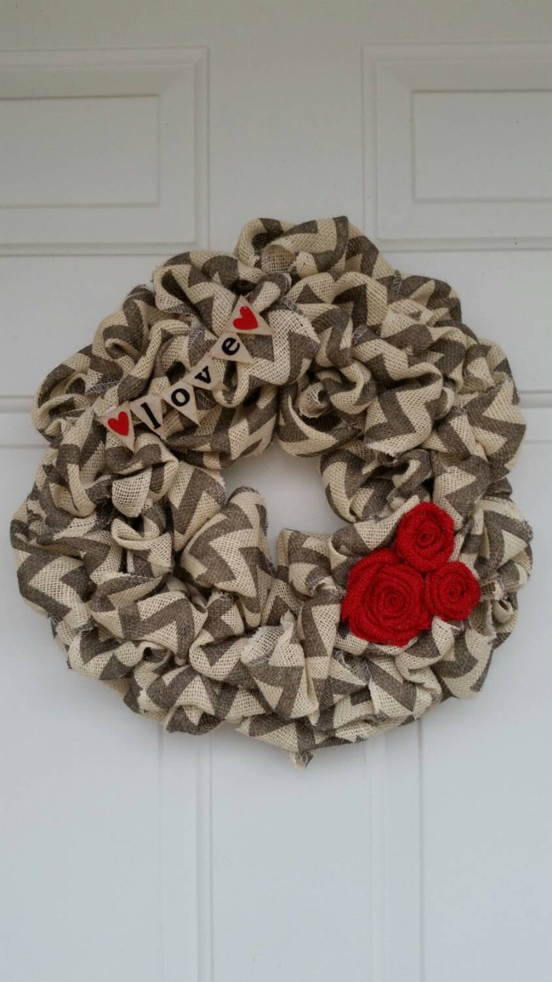 Valentine wreath burlap wreath chevron wreath Love burlap wreath valentine chevron wreath