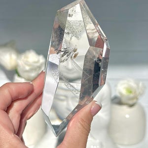 4.7” Chlorite PHANTOM Lemurian Quartz Faceted Palm Stone with Rainbow - Brazil