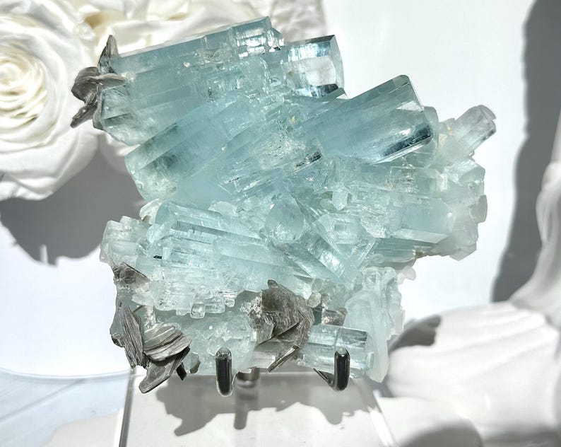 May include: A cluster of aquamarine crystals, showcasing a pale blue hue with crystalline structures. The mineral specimen is mounted on a clear stand, with dark gray accents. The background features white roses and a white sculpture.