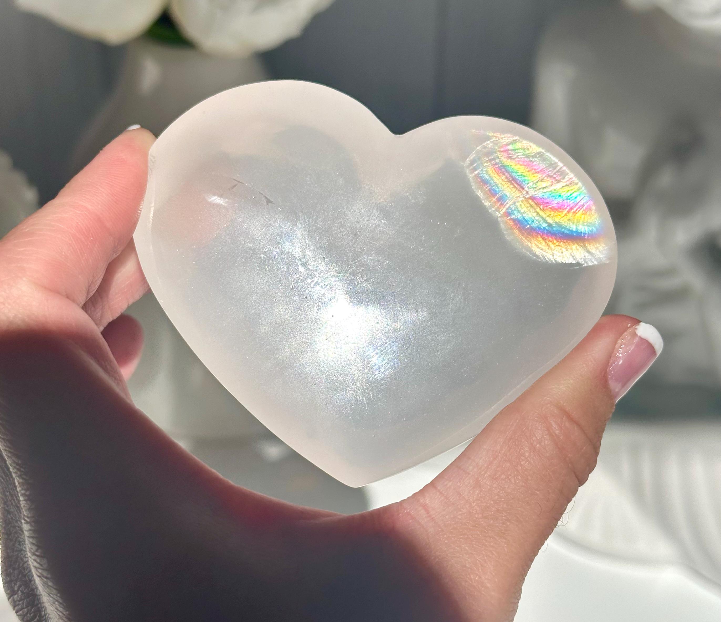 3.1” Gorgeous Rose Quartz Girasol Heart with Rainbow - Madagascar