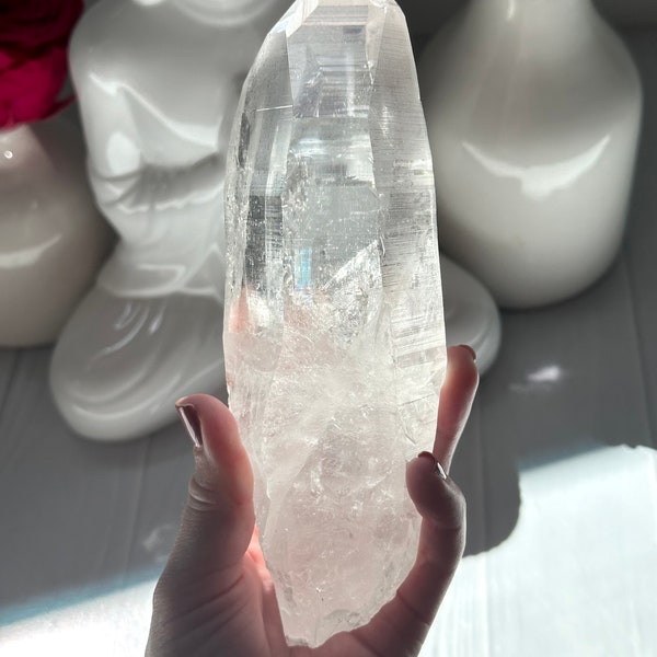 7.1” Lemurian Quartz Point with Meditational Linear Ridges, Rainbow and Record Keepers, Unique Etchings - Minas Gerais, Brazil