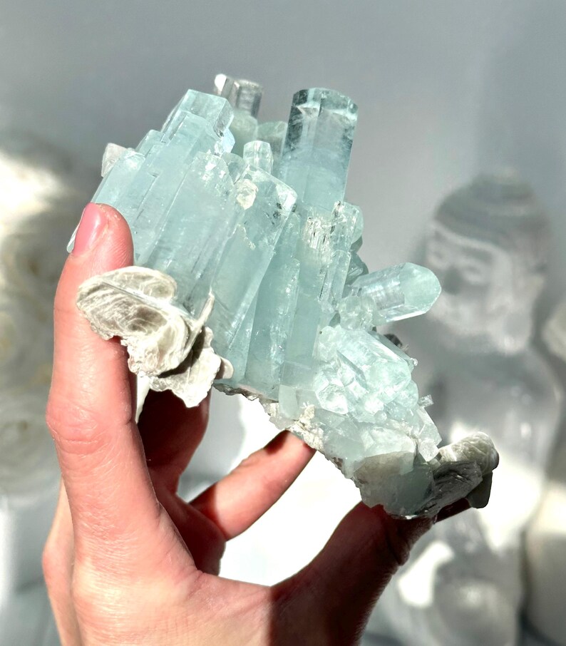 May include: A cluster of aquamarine crystals, exhibiting a pale blue hue, is held in a hand. The crystals have a prismatic structure, with a rough, textured surface. The base of the cluster features a light-colored, flaky mineral.