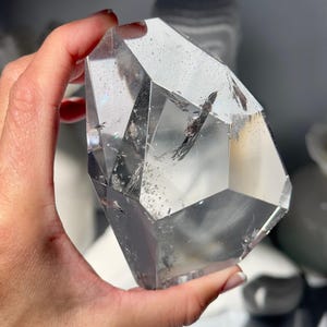 3.8” PHANTOM Lemurian Quartz Faceted Palm Stone with Rainbow and Phantom - Brazil