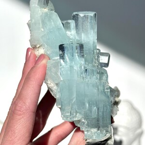 May include: A cluster of aquamarine crystals, showcasing a pale blue hue with crystalline structures. The mineral formation is held in a hand, revealing its natural, raw form. The crystals have a translucent quality, catching the light.