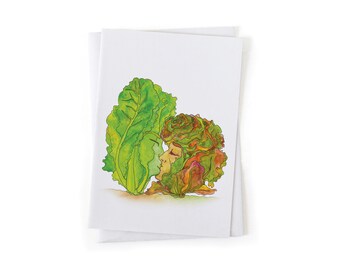 NEW: "Lettuce Be Lovers" Pun Funny Vegetable Botanical Illustration Greeting Card, Sustainably Printed Recycled Stationery