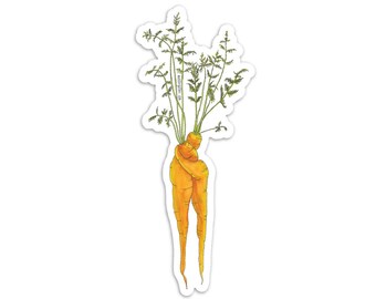 Carrot Hug Vegetable Vinyl Sticker, Cute Funny Watercolor Illustration