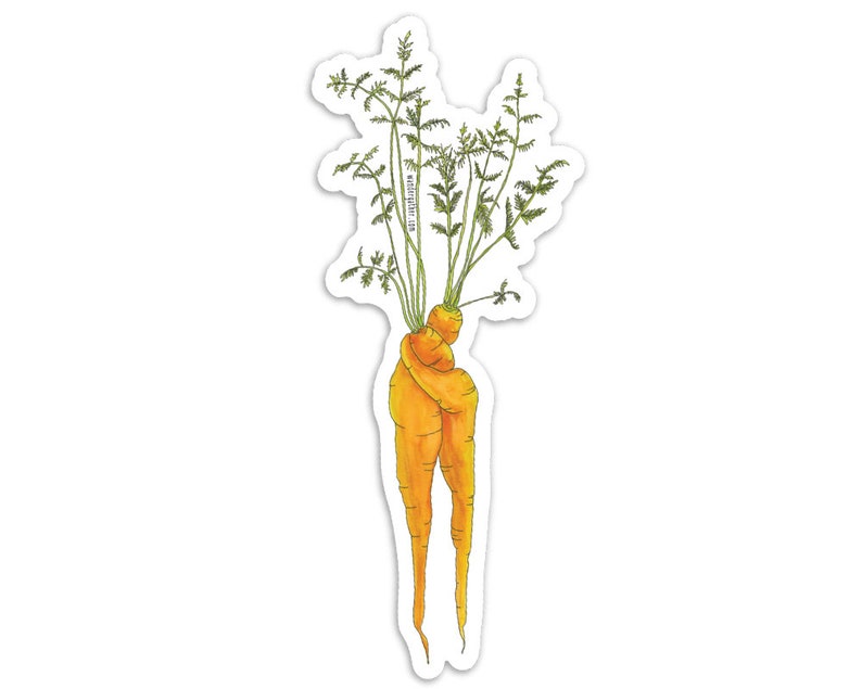 Carrot Hug Vegetable Vinyl Sticker, Cute Funny Watercolor Illustration image 1