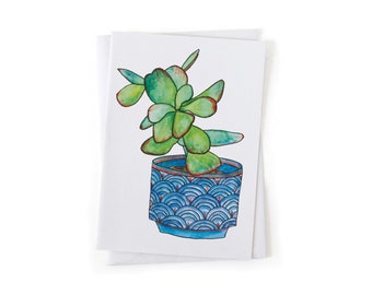 NEW: Jade Succulent House Plant Botanical Watercolor Illustration Card, Sustainably Printed Recycled Stationery