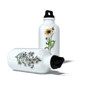 May include: Two white aluminium water bottles with floral designs. One bottle has a yellow flower with green leaves and the other bottle has white flowers with green leaves.