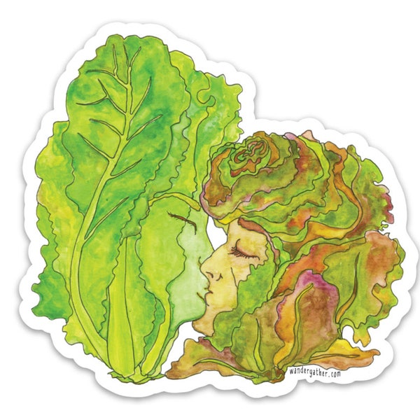 Lettuce Be Lovers Pun Vegetable Vinyl Sticker, Cute Funny Watercolor Illustration