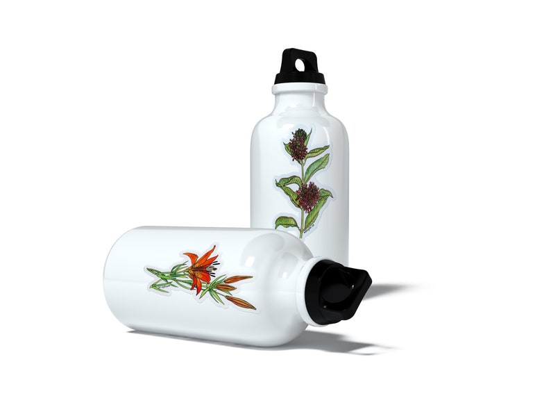 K&ouml;nnte beinhalten: Zwei wei&szlig;e Wasserflaschen mit schwarzen Deckeln. Eine Flasche zeigt ein rot-oranges Blumendesign, die andere eine botanische Illustration einer Pflanze mit burgunderfarbenen Bl&uuml;ten und gr&uuml;nen Bl&auml;ttern. Die Flaschen sind f&uuml;r die Fl&uuml;ssigkeitszufuhr konzipiert.