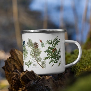 May include: White enamel mug featuring a botanical illustration of pine branches, cones, and berries. The mug has a silver rim and handle. The text "wandergather.com" is printed on the bottom of the mug.