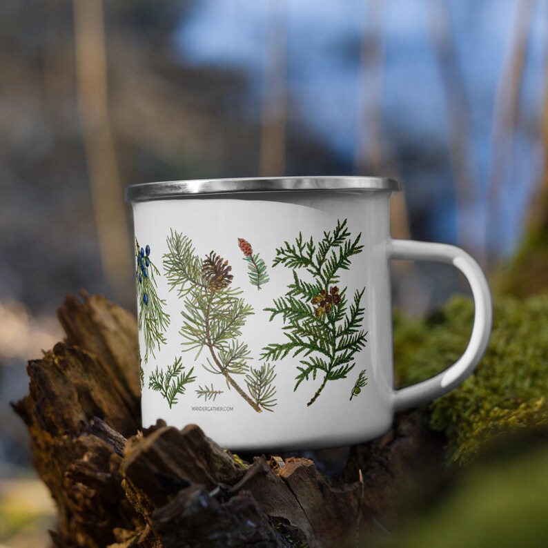 May include: White enamel mug featuring a botanical illustration of pine branches, cones, and berries. The mug has a silver rim and handle. The text "wandergather.com" is printed on the bottom of the mug.