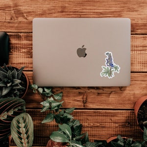 Peut inclure: Un ordinateur portable avec un autocollant repr&eacute;sentant une fleur de lupin violette et verte sur le couvercle. L'ordinateur portable est pos&eacute; sur une surface en bois avec une plante en pot &agrave; gauche et une plante en pot &agrave; droite.
