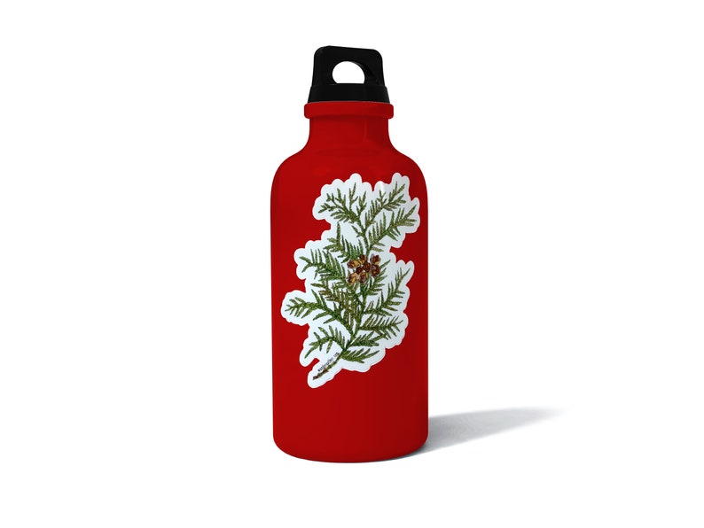 May include: Red water bottle with a white sticker of a green cedar branch with brown berries.