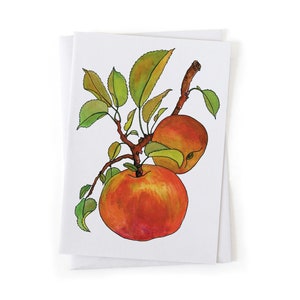 May include: A watercolor illustration of two red apples on a branch with green leaves. The apples are drawn in a realistic style with subtle shading and highlights.
