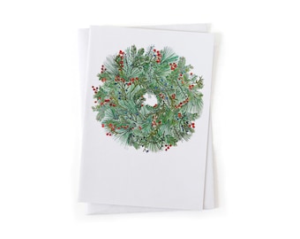 NEW Set of Six Cards: Season's Greetings Evergreen Wreath Botanical Card, Native Plants, Sustainably Printed Recycled Stationery