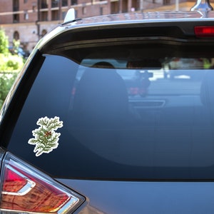 May include: A green and brown evergreen branch with red berries, printed on a white sticker, is displayed on the back window of a silver car.