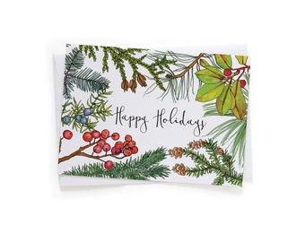 NEW Set of Six Cards: Happy Holiday Evergreen Tree Botanical Card, Native Plants, Sustainably Printed Recycled Stationery