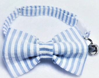 Blue Seersucker Cat Bow Tie Collar | Breakaway Collar Cat Bow Tie | Blue and White Cat Collar with Bowtie | Cat Collar with Bell