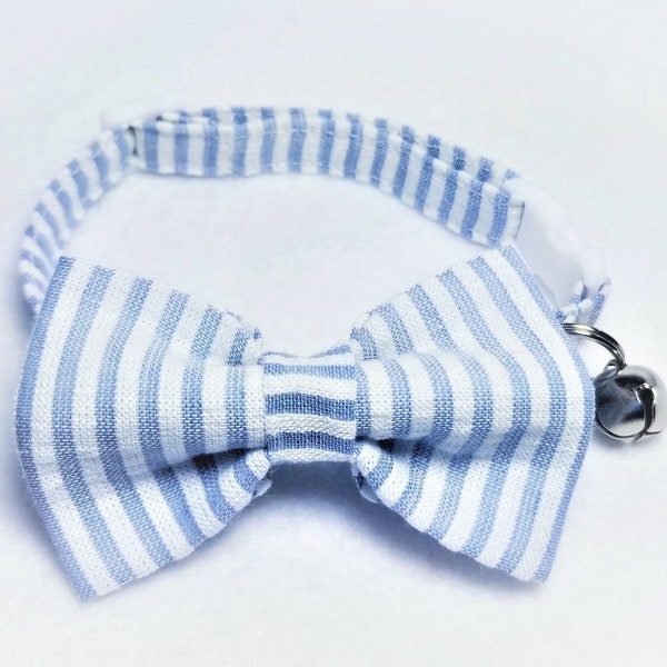 Blue Seersucker Cat Bow Tie Collar | Breakaway Collar Cat Bow Tie | Blue and White Cat Collar with Bowtie | Cat Collar with Bell