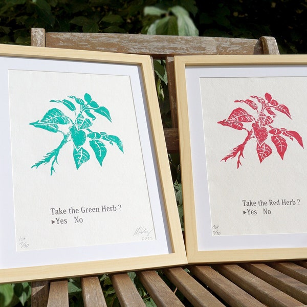 Take the Green/Red/Blue Herb? Handmade RE inspired Linocut Print