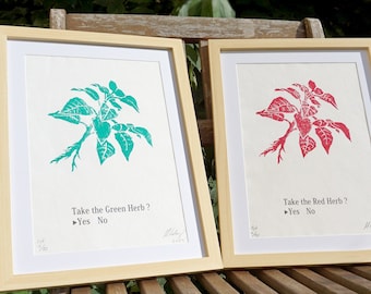 May include: Two framed prints with illustrations of plants. The print on the left features a green plant with the text "Take the Green Herb?  Yes No". The print on the right features a red plant with the text "Take the Red Herb? Yes No".