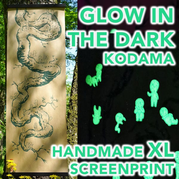 Kodama Waldgeister - Handgemachtes leuchtendes Siebdruck XL Poster