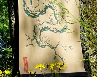 Kodama Forest Spirits - Handmade Glowing Screenprint XL Poster