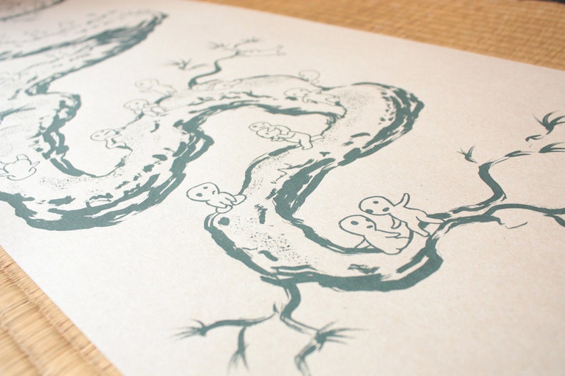 May include: A print featuring a teal illustration of a winding tree branch with small, white, humanoid figures. The artwork has a minimalist style, with a focus on the organic shapes and forms. The background is a light beige.