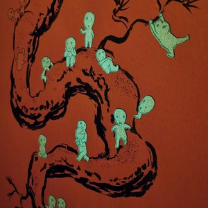 May include: An illustration on a red background features a black, stylized tree with multiple branches. Scattered throughout the tree are several small, glowing, teal-colored figures in various poses, creating a whimsical and imaginative scene.