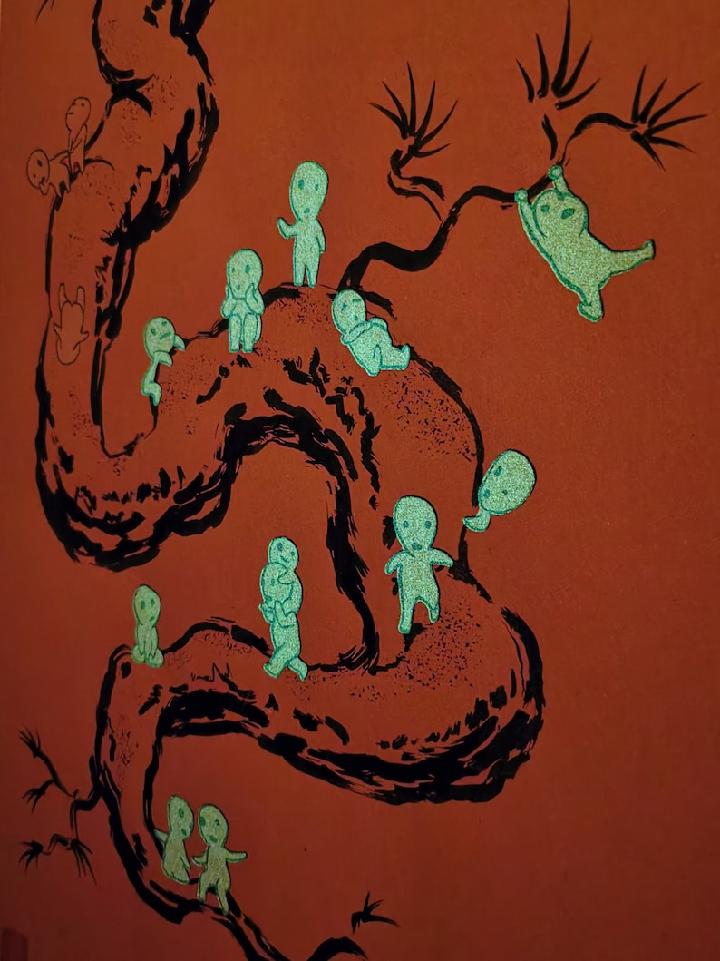 May include: An illustration on a red background features a black, stylized tree with multiple branches. Scattered throughout the tree are several small, glowing, teal-colored figures in various poses, creating a whimsical and imaginative scene.