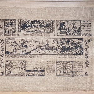 May include: A brown burlap fabric tapestry with black printed designs. The tapestry features a map with various symbols and text, including a sword, a castle, and a dragon. The tapestry is a decorative piece for a home or office.