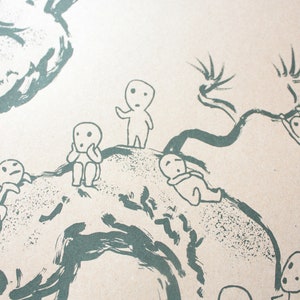 May include: An illustration featuring several small, humanoid figures with large eyes and simple bodies. They are depicted in a minimalist style, interacting with tree branches and a textured background, all in shades of teal.