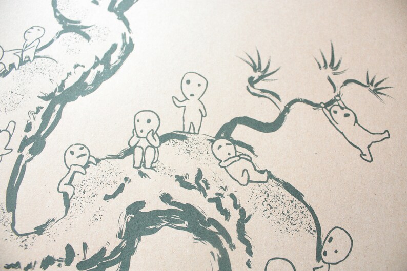 May include: An illustration featuring several small, humanoid figures with large eyes and simple bodies. They are depicted in a minimalist style, interacting with tree branches and a textured background, all in shades of teal.
