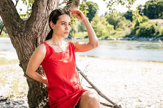 Vintage 1970s Silk Red Print Mini Dress, Pure Sil… - image 4