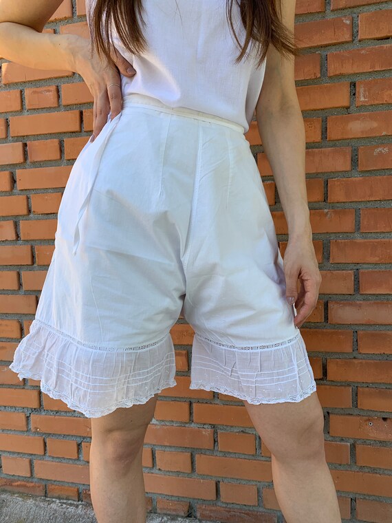 Vintage VICTORIAN Antique Shorts Bloomers Undergarment Cotton Embroidered Eyelet Sage Green