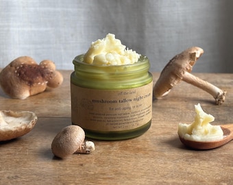 Mushroom Tallow night/day face/body cream,Reishi,tremella, softens skin,rich & creamy, luxurious, velvet, amish cows, hand rendered by us!
