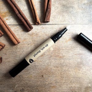 May include: A black lip plumper with a white applicator tip. The product is labeled "plump 'em up" and has a small lip icon. The product is on a wooden surface with cinnamon sticks.