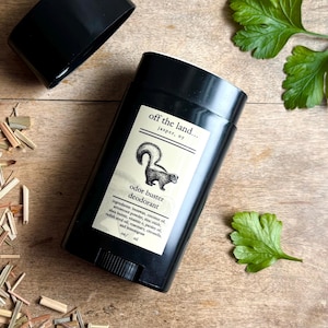 May include: A black deodorant stick with the text "off the land... jasper, ny" and "odor buster deodorant" printed on the label. The label also includes a black and white illustration of a skunk.