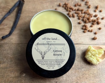 Tattoo Renew, ink, aftercare, enhance, vivid, brighten, rejuvenate, moisturize, handmade gift, rose/ vanilla, frankincense/lavender, best