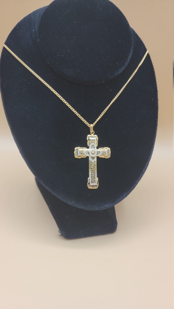 Gold Cross, Religious Necklace, Detailed Silver a… - image 2