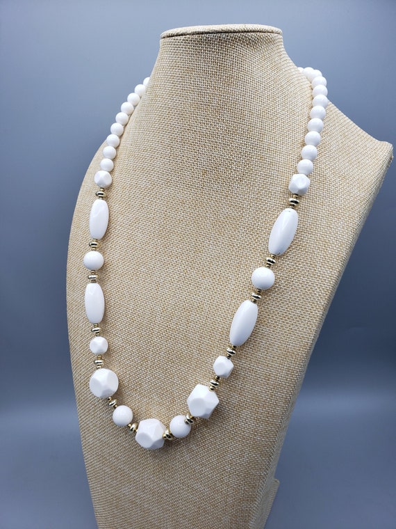 1960's Style Necklace, White Beaded, Vintage Cost… - image 1