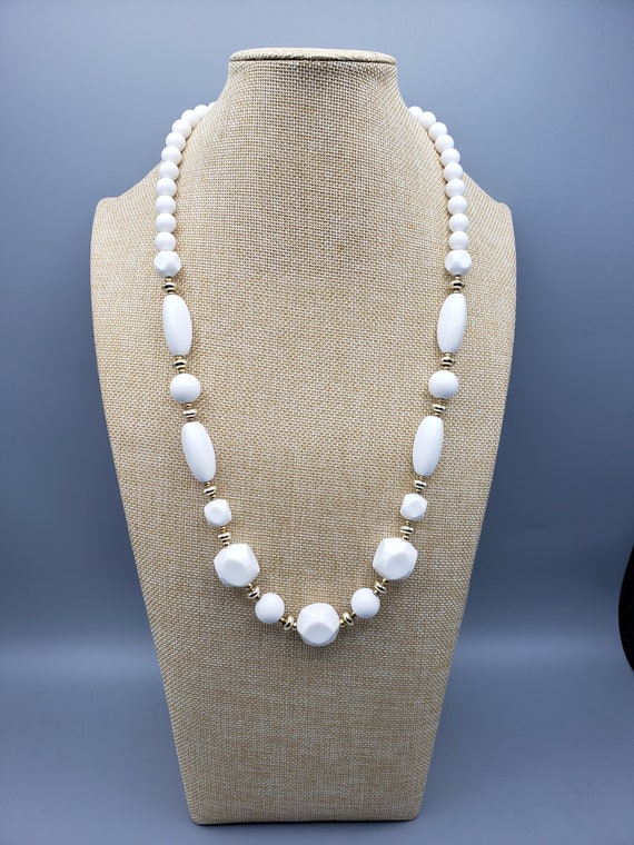 1960's Style Necklace, White Beaded, Vintage Cost… - image 2