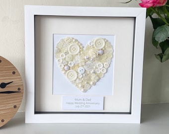 Ivory Wedding Anniversary Gift, Personalised 14th Anniversary Gift Idea, Ivory Anniversary Gift for Couples, Framed Ivory Button Art