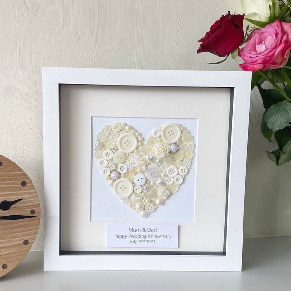 Ivory Wedding Anniversary Gift, Personalised 14th Anniversary Gift Idea, Ivory Anniversary Gift for Couples, Framed Ivory Button Art
